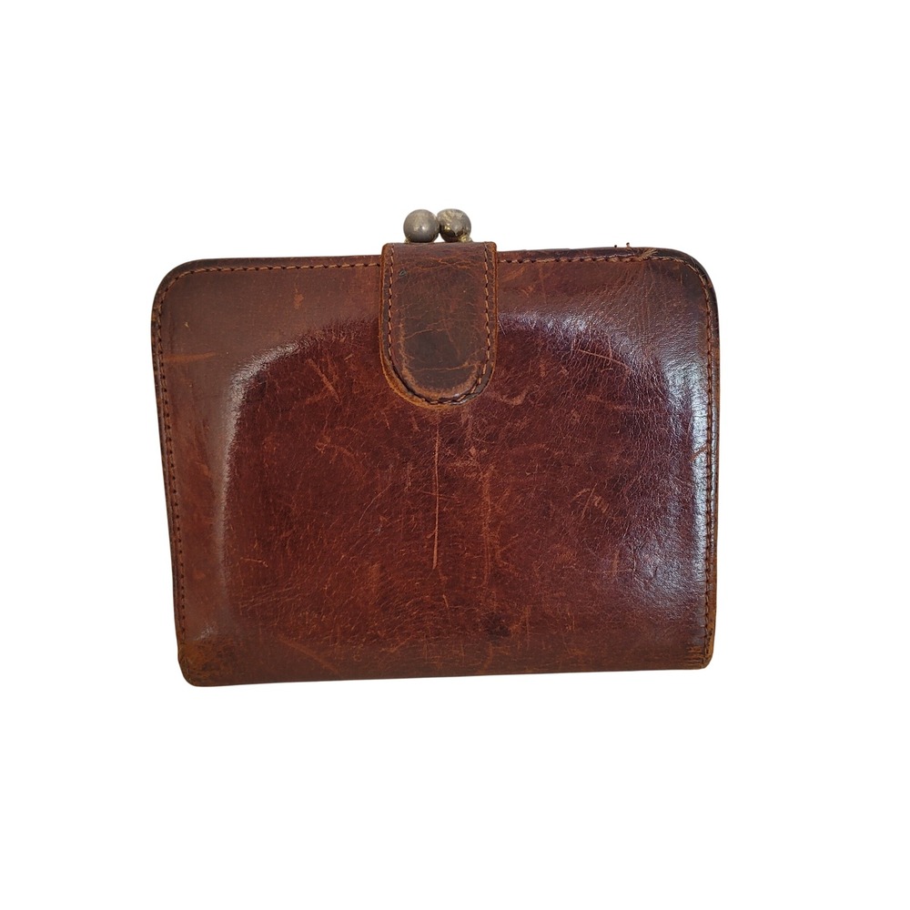 Vintage Coach Brown Leather Kiss Lock Bifold Wallet Card Case Snap Closure